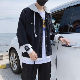 Áo khoác jean nam có mũ nỉ dây rút màu đen