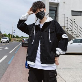 Áo khoác jean nam có mũ nỉ dây rút màu đen